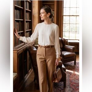 T Tahari Ivory Long Pleated Sleeve Pullover Blouse Size PXS